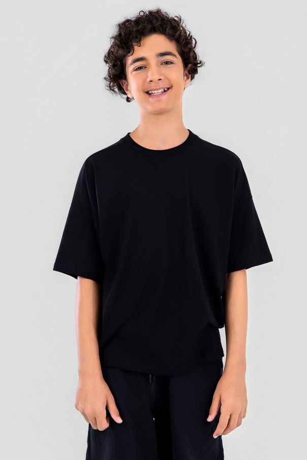 Unisex Çocuk Bisiklet Yaka Kısa Kol %100 Pamuk Oversize Tişört Siyah
