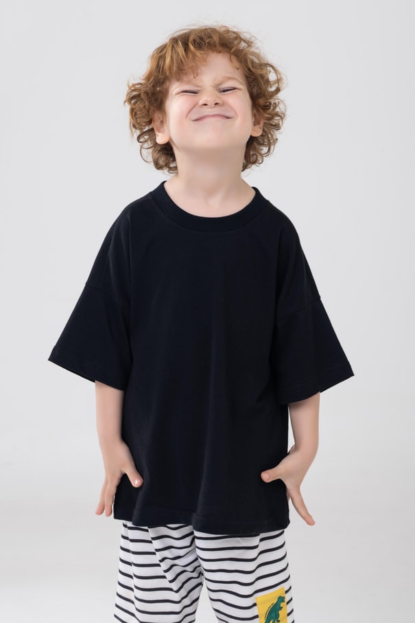 Unisex Çocuk Bisiklet Yaka Kısa Kol %100 Pamuk Oversize Tişört Siyah