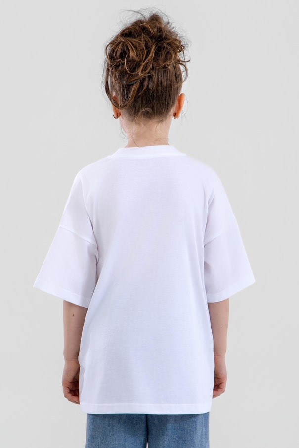 Unisex Çocuk Bisiklet Yaka Kısa Kol %100 Pamuk Oversize Tişört Beyaz