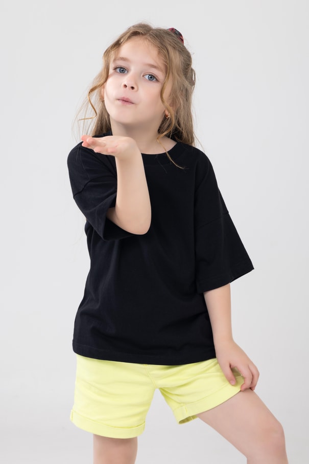 Unisex Çocuk Bisiklet Yaka Kısa Kol %100 Pamuk Oversize Tişört Siyah