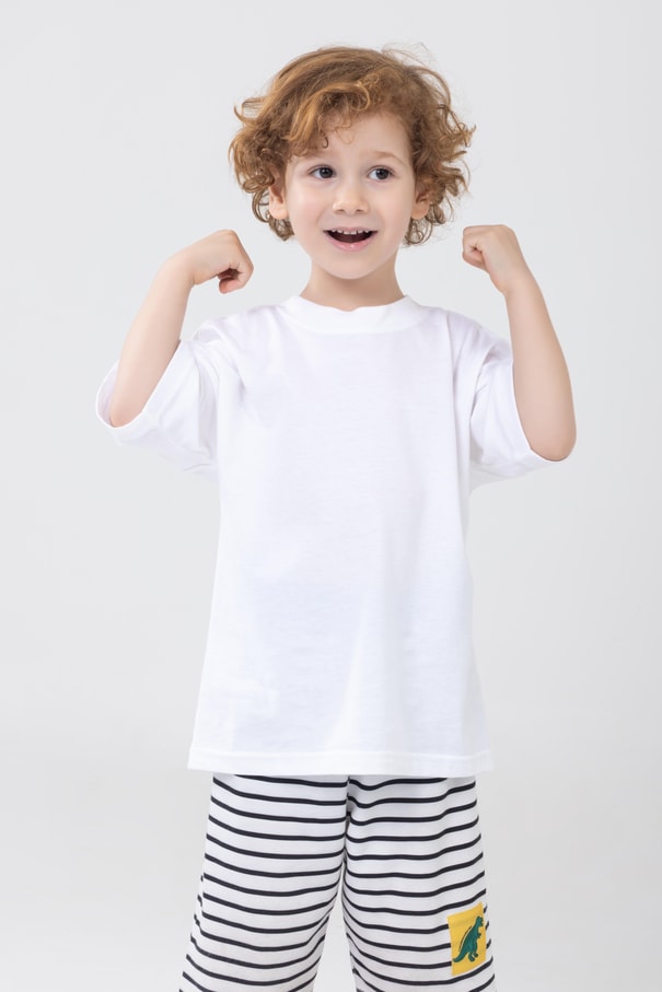 Unisex Çocuk Bisiklet Yaka Kısa Kol %100 Pamuk Oversize Tişört Beyaz