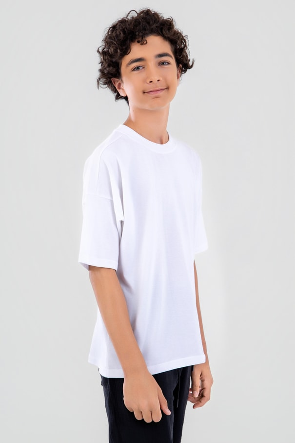 Unisex Çocuk Bisiklet Yaka Kısa Kol %100 Pamuk Oversize Tişört Beyaz