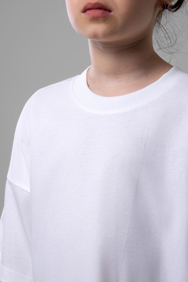 Unisex Çocuk Bisiklet Yaka Kısa Kol %100 Pamuk Oversize Tişört Beyaz