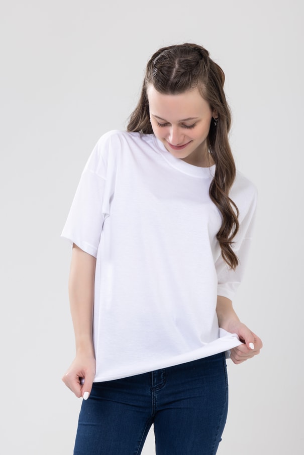 Unisex Çocuk Bisiklet Yaka Kısa Kol %100 Pamuk Oversize Tişört Beyaz
