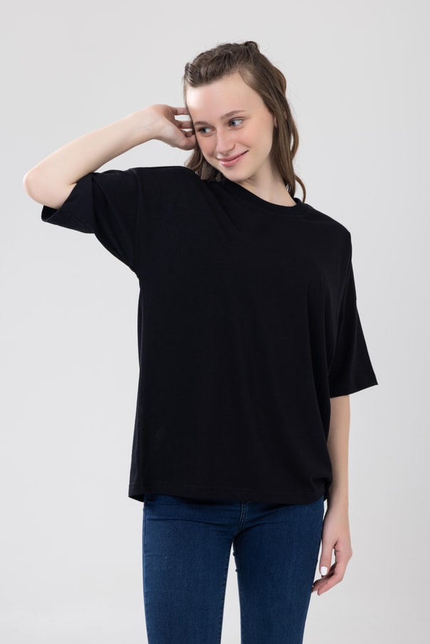 Unisex Çocuk Bisiklet Yaka Kısa Kol %100 Pamuk Oversize Tişört Siyah