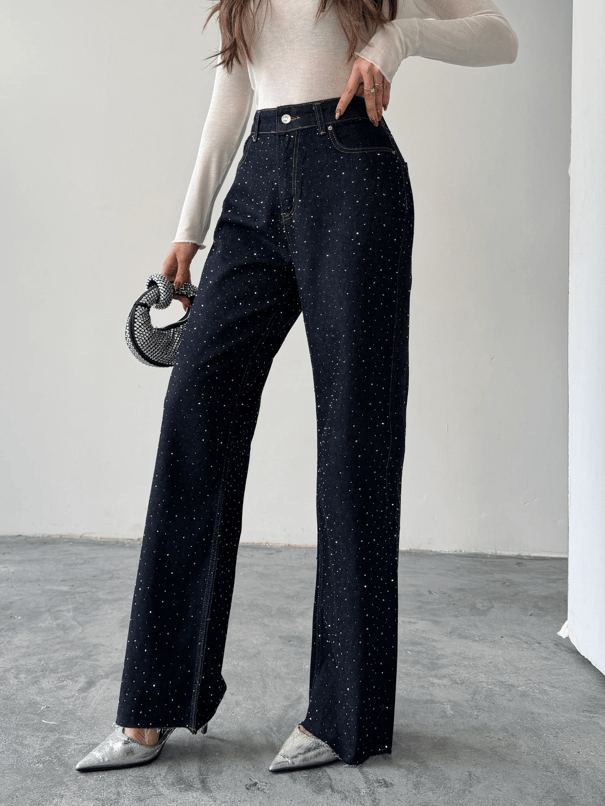 Premium Parlak Taş Detaylı Jean  - Lacivert