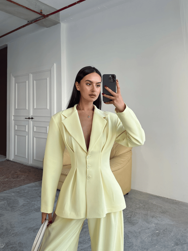 Pile Detay Oturtmalı Blazer Ceket  - Sarı