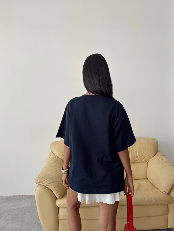 Oversize Bear Nakışlı T-shirt - Lacivert