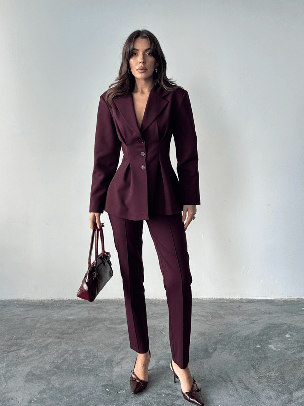 Pile Detay Oturtmalı Blazer Ceket  - Mürdüm