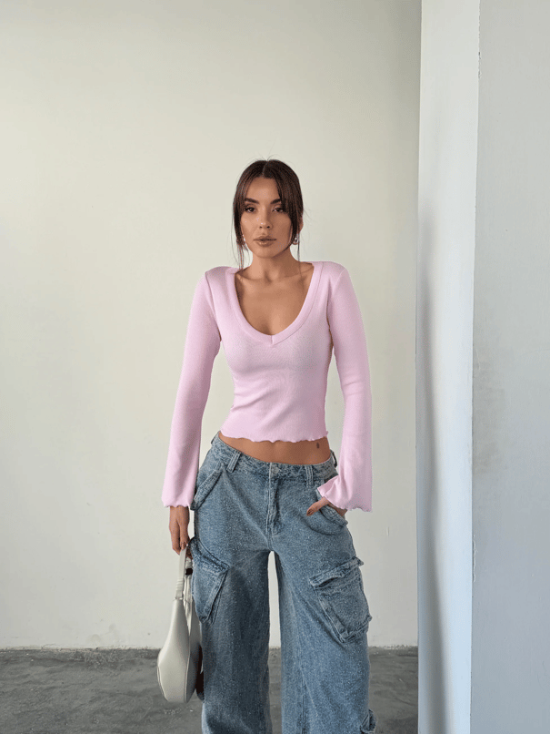 V Yaka İspanyol Kol Bluz - Pembe