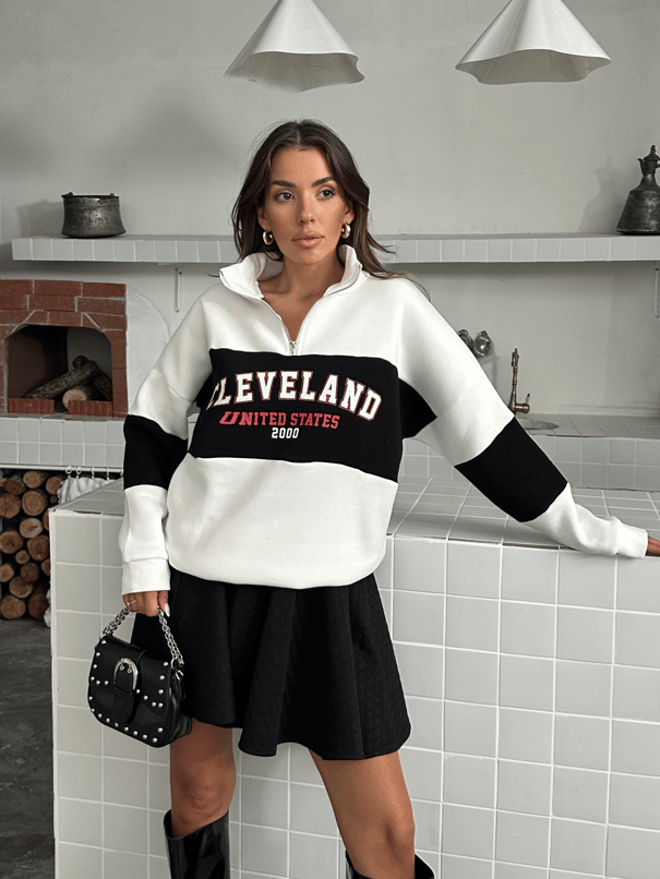Baskılı Fermuarlı Sweat - Beyaz
