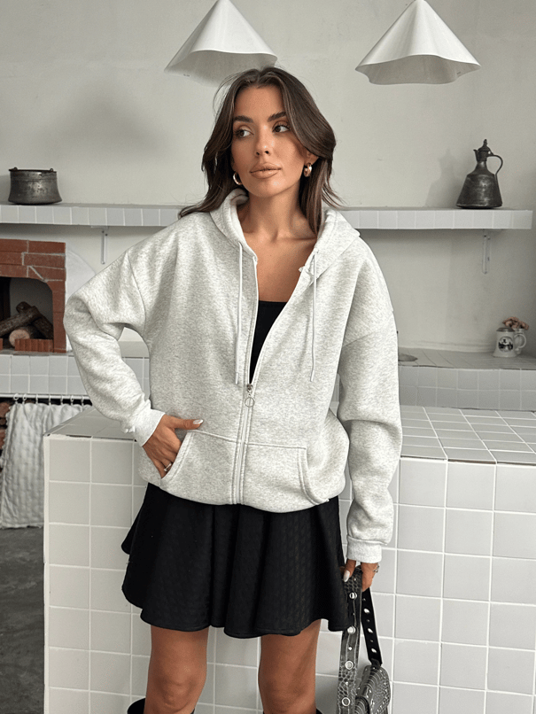 Fermuarlı Kapüşonlu Sweat Hırka - Gri