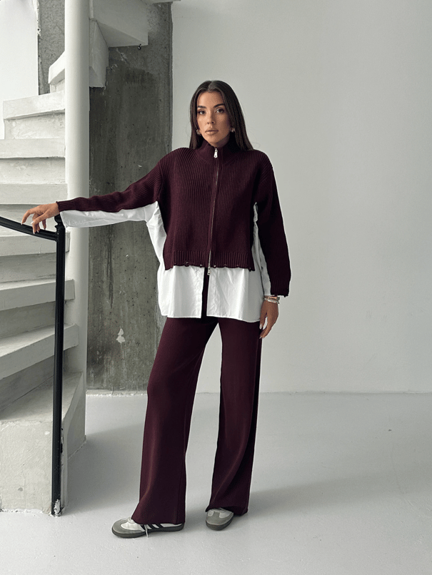 Poplin Fermuarlı Triko Takım - Mürdüm