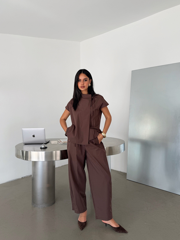 Poplin Balon Pantolon Takım - Kahve