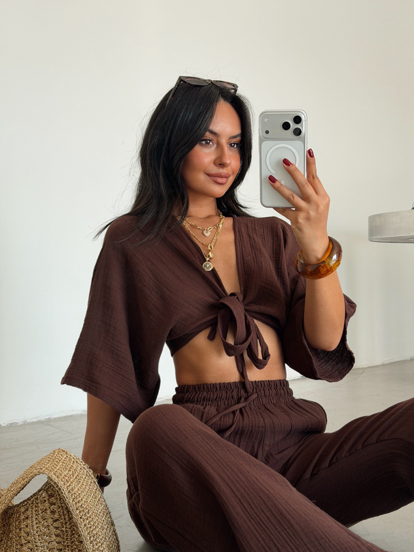 Bağlamalı Müslin Kimono Bluz - Kahve