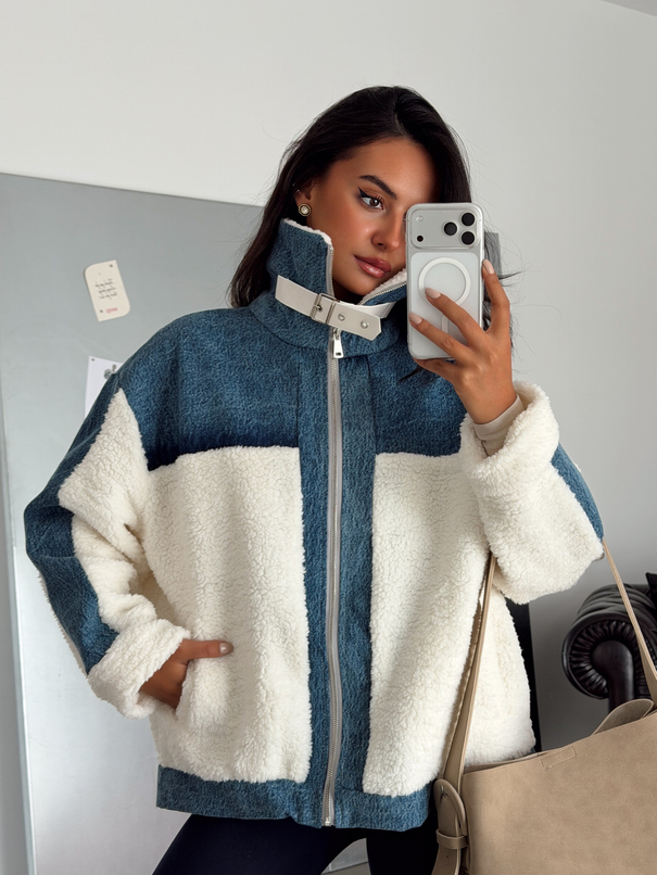 Denim Detaylı Peluş Mont - Beyaz