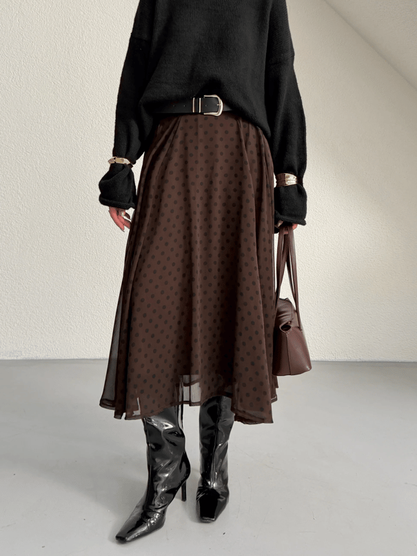 Puantiye Desenli Tül Etek - Kahve