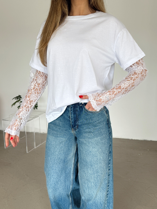 Dantel Kollu Basic T-shirt - Beyaz