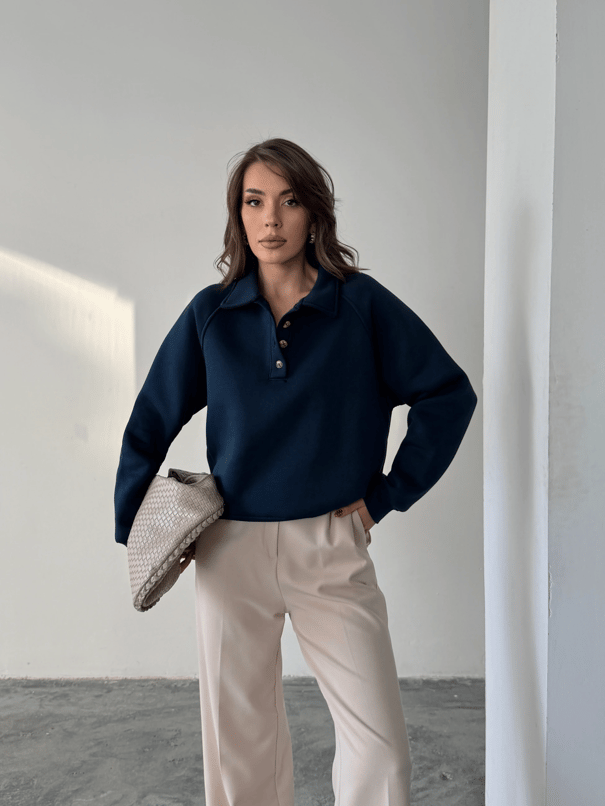 Polo Yaka Düğmeli Sweatshirt - Lacivert