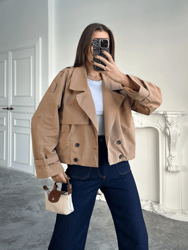 Dört Düğmeli Crop Trençkot - Camel