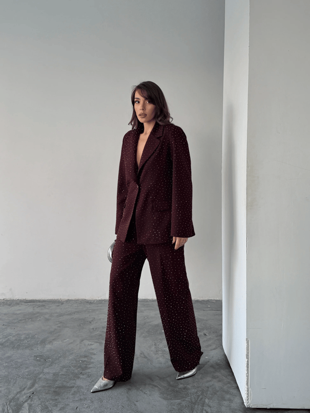 Premium Taş Detaylı Ceket Pantolon Takım  - Mürdüm