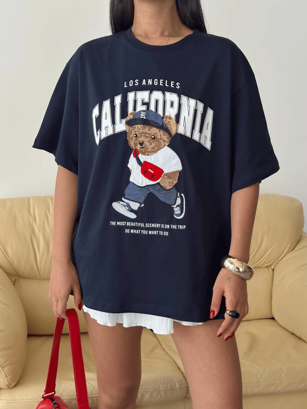Oversize Bear Nakışlı T-shirt - Lacivert