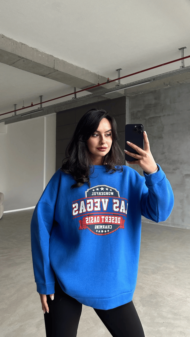 Las Vegas Üç İplik Oversize Sweat Saks Mavi - Mavi