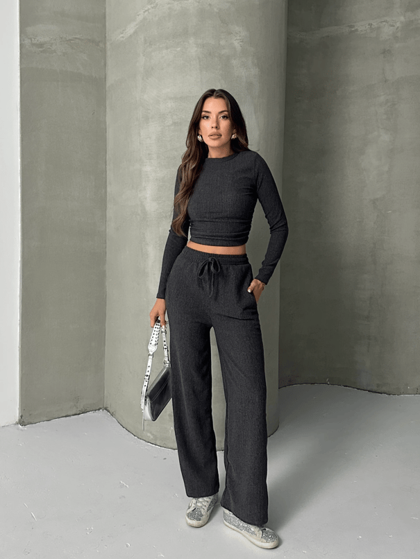 Yan Büzgü Bluz Pantolon Takım  - Antrasit