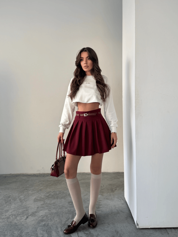 Kemerli Pileli Mini Etek - Bordo