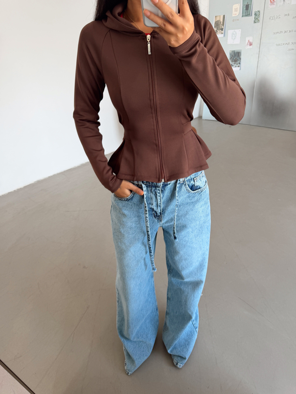 Beli Pileli Fermuarlı Sweat - Kahve