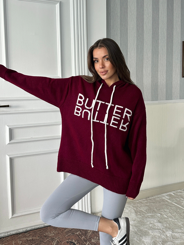 Kapüşonlu Butter Triko Kazak - Bordo