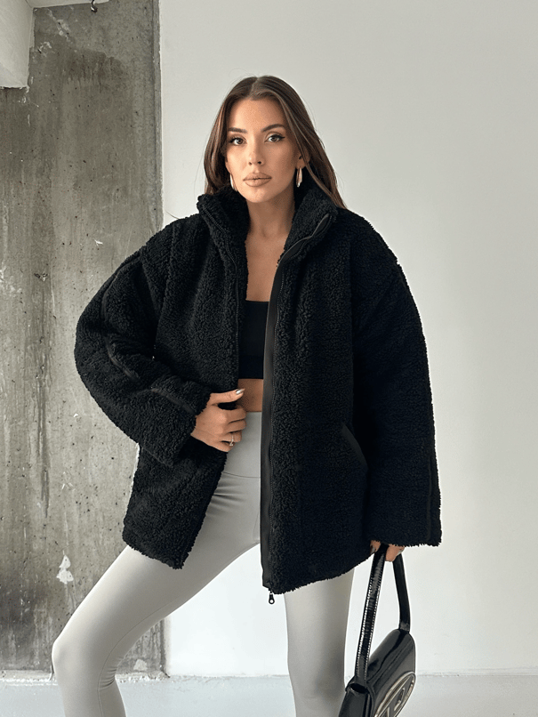 İç Astarlı Oversize Peluş Mont  - Siyah