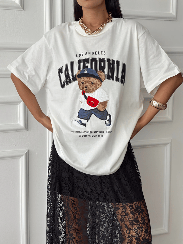 Oversize Bear Nakışlı T-shirt - Ekru