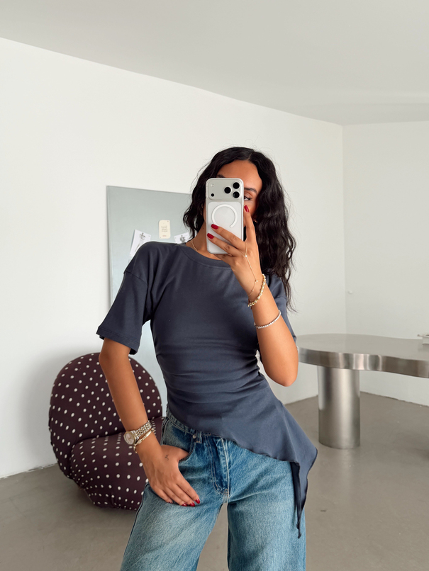 Kısa Kol Asimetrik Basic T-shirt - Antrasit