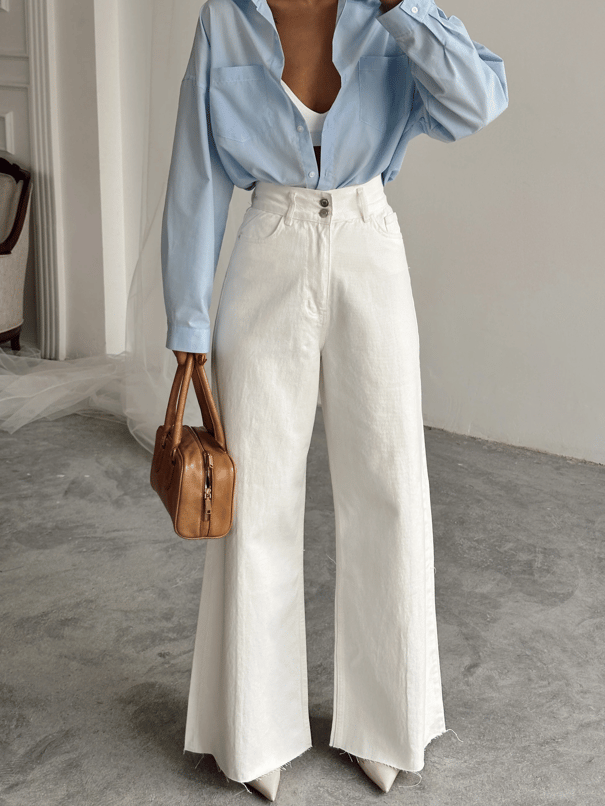 Geniş Kemerli Baggy Jean  - Beyaz