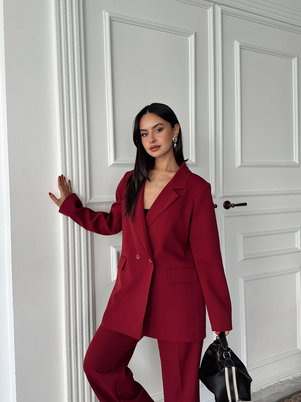 Çift Düğme Oversize Blazer  - Bordo