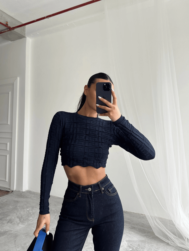 Labirent Desen Crop Triko Kazak Lacivert - Lacivert