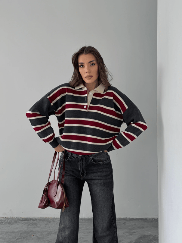 Polo Yaka Çizgili Triko - Bordo-Antrasit