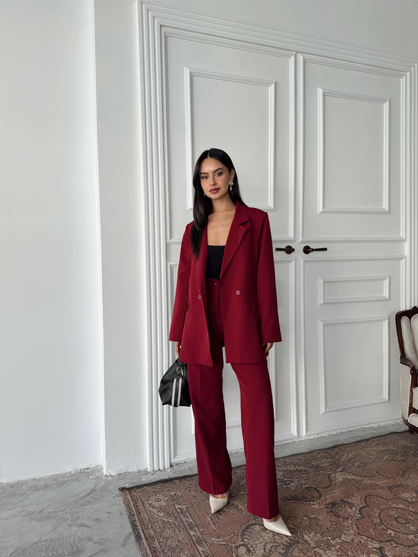 Çift Düğme Oversize Blazer  - Bordo