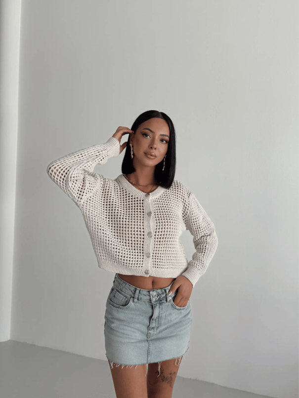 Simli Crop Hırka  - Krem