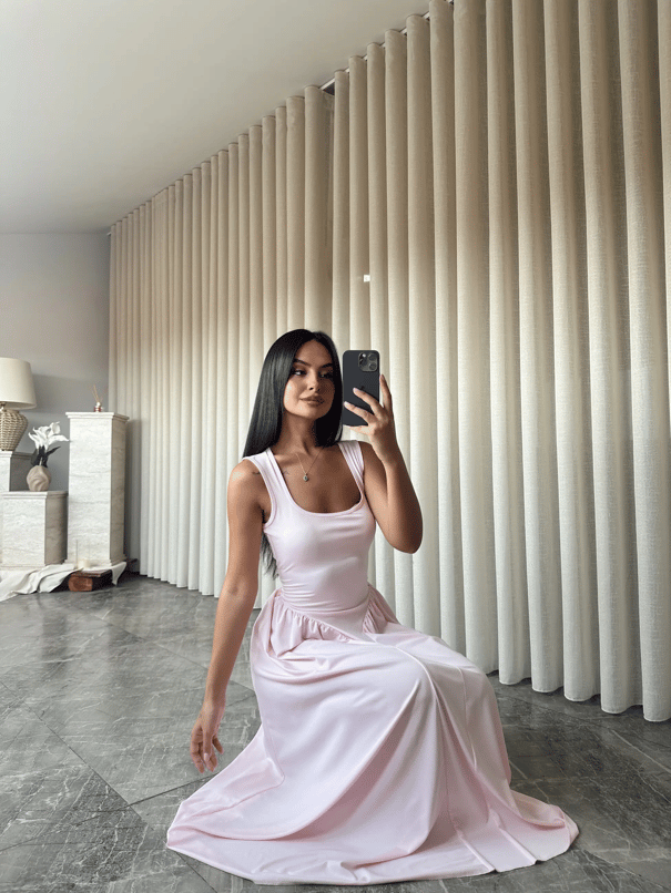 Korse Detaylı Midi Elbise - Pembe