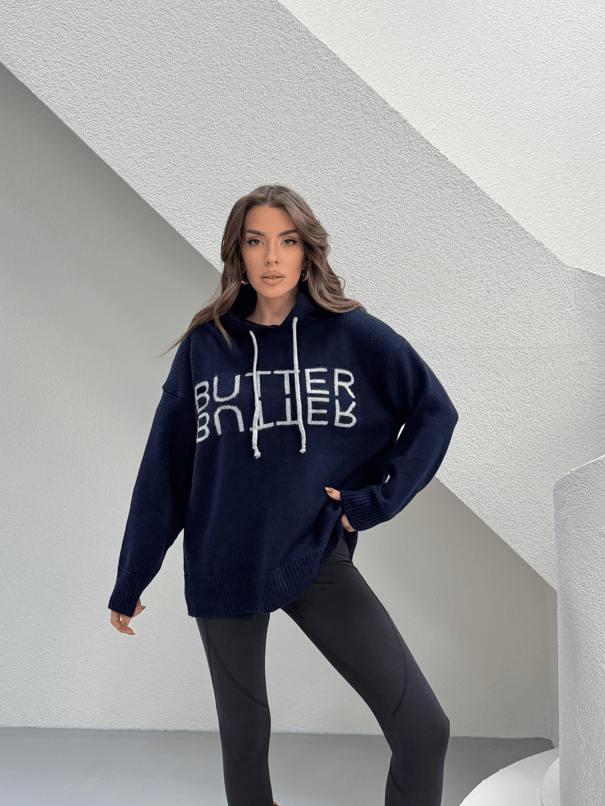 Kapüşonlu Butter Triko Kazak - Lacivert