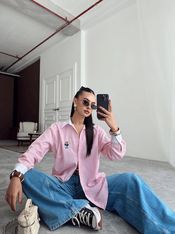 Çizgili Ayıcıklı Gömlek - Pembe