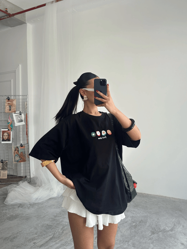 Fruit Nakış Basic T-shirt Siyah - Siyah
