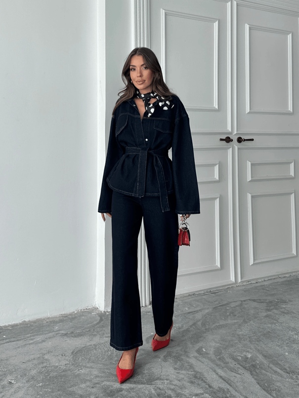 Cep Detaylı Denim Takım - Lacivert