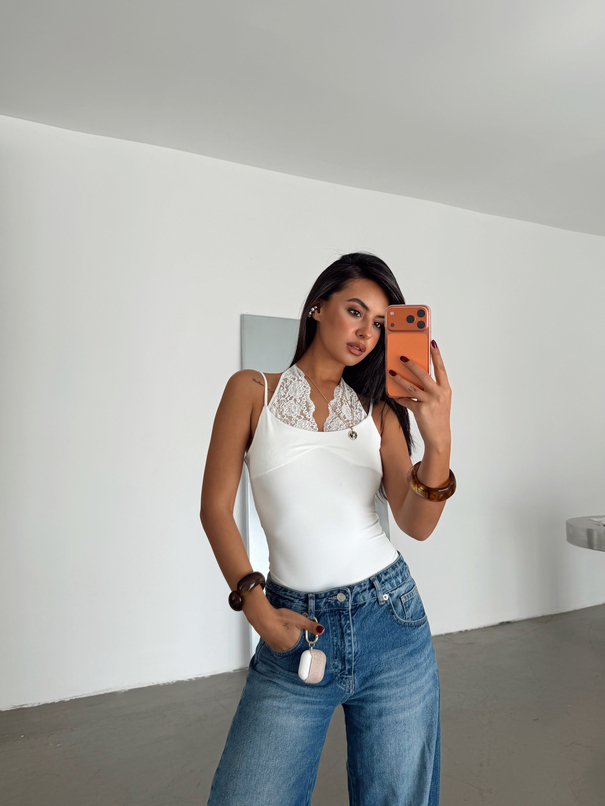 Boyundan Bağlama Dantel Bodysuit - Beyaz