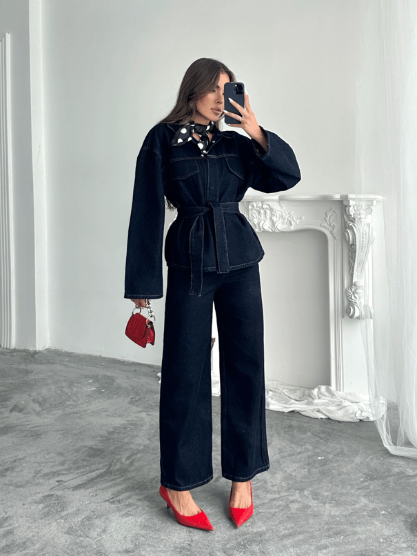 Cep Detaylı Denim Takım - Lacivert