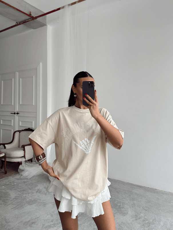 Hang Loose Baskılı Tshirt Bej - Bej