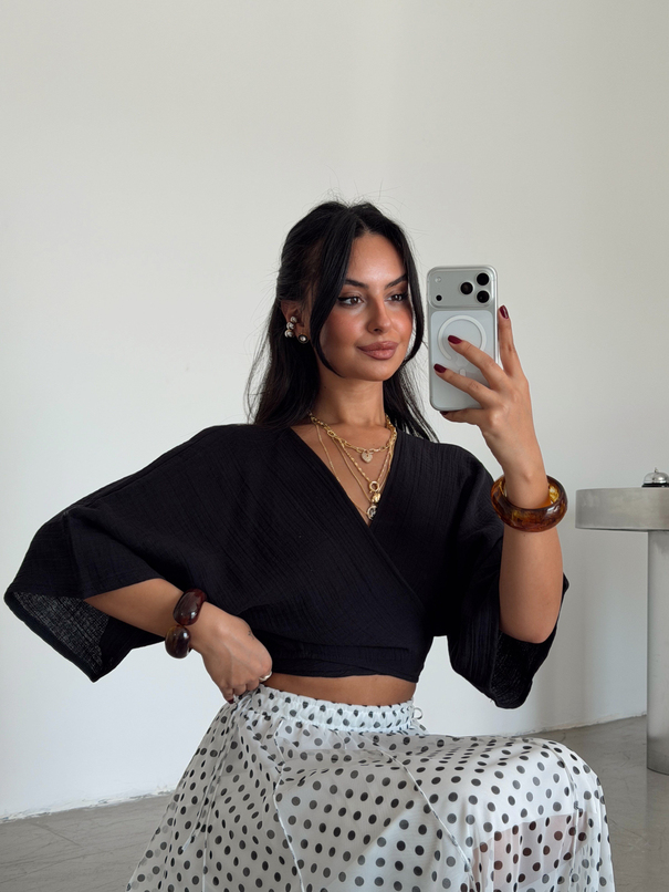 Bağlamalı Müslin Kimono Bluz - Siyah