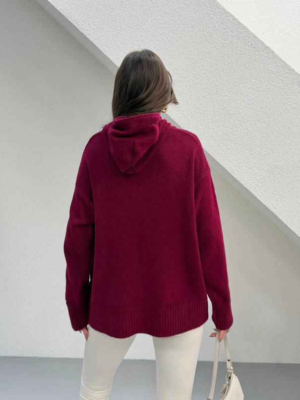Kapüşonlu Butter Triko Kazak - Bordo